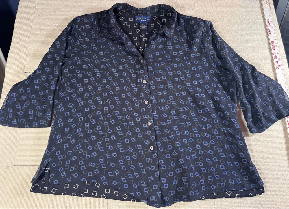 Charter Club Women's 18 Top Layered Sheer 3/4 Sleeve Blue Geometric Silk